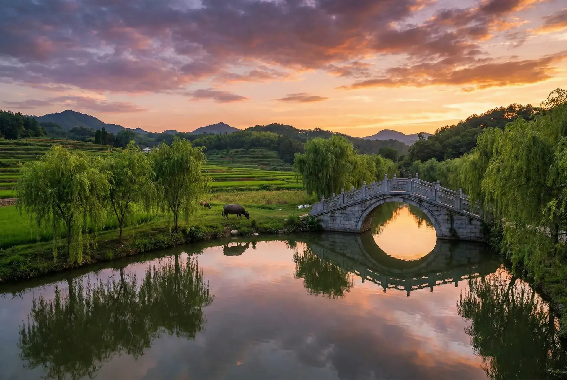夕阳下的石拱桥与垂柳，水牛在河边吃草 - 狼人出装 乡村美景